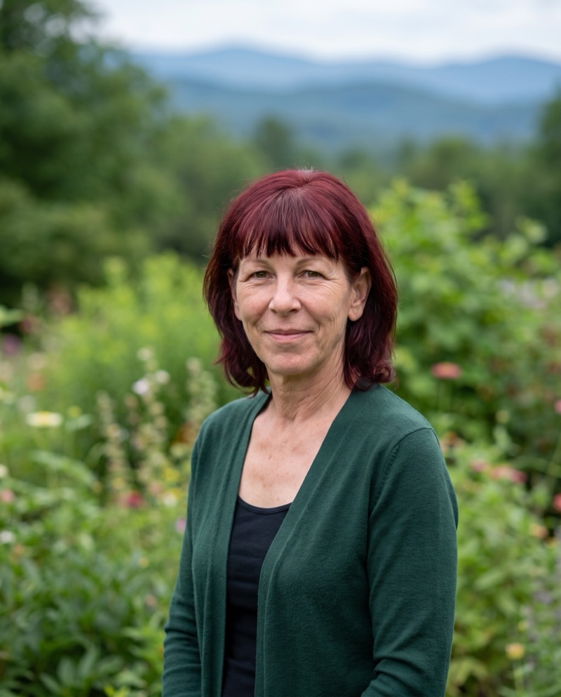 Jody, in-home elder caregiver in Asheville, NC, in a garden with the Blue Ridge Mountains behind her